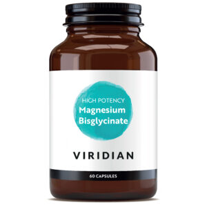 Viridian Magneziu Bisglicinat Concentrat 60 capsule – flacon de sticlă brună cu magneziu bisglicinat pur, 200 mg magneziu elemental per doză