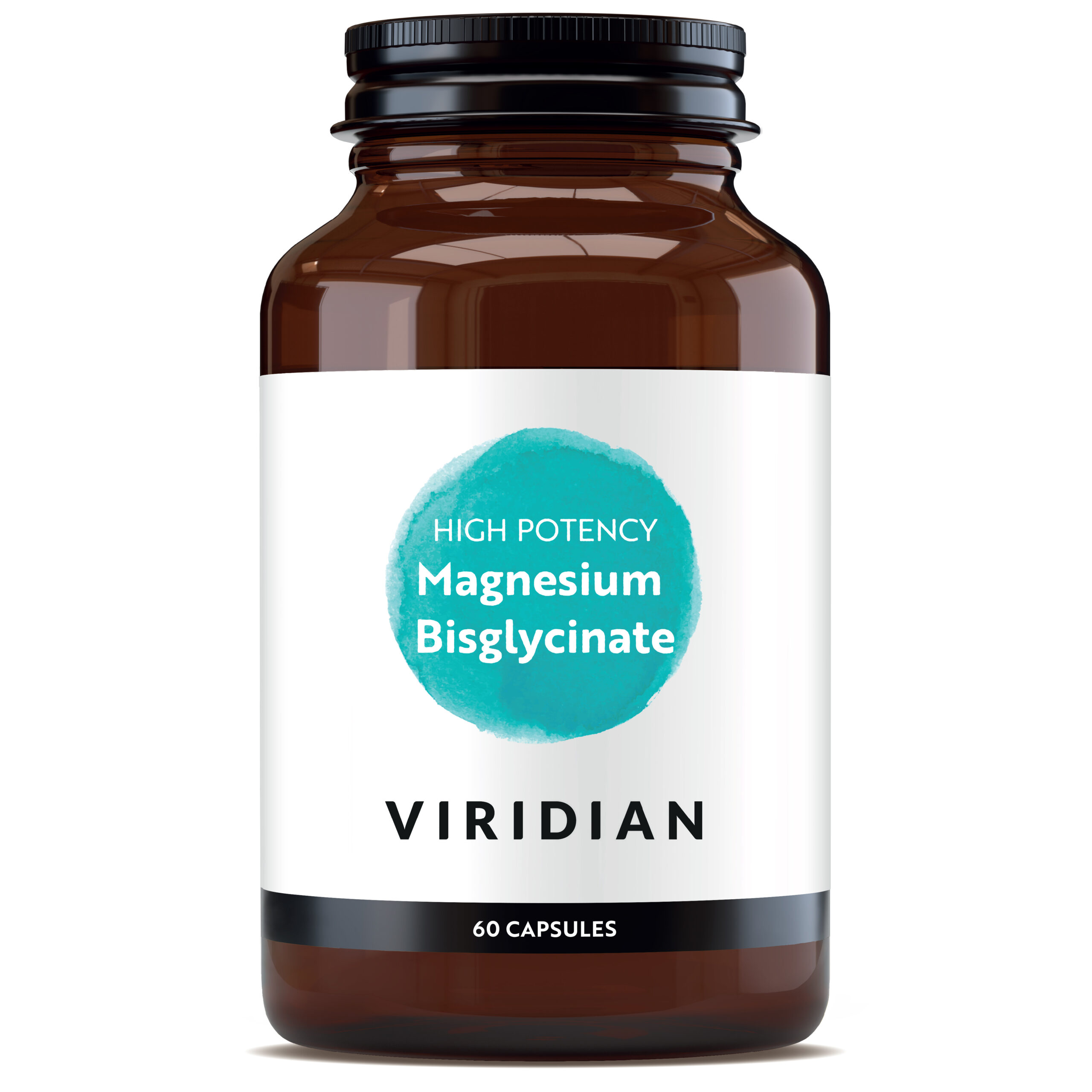 Viridian Magneziu Bisglicinat Concentrat 60 capsule – flacon de sticlă brună cu magneziu bisglicinat pur, 200 mg magneziu elemental per doză